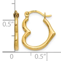 Pair of yellow gold heart-shaped hoop earrings with a wavy design, shown with measurement scale indicating approximately 0.5 inches in height and width.