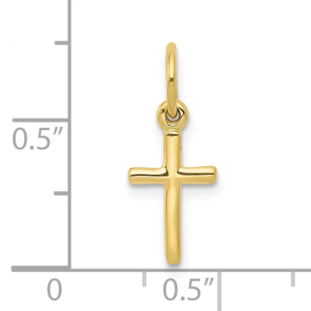 A polished gold cross pendant with rounded edges and a looped bail, shown against a measurement scale indicating approximately 0.5 inches in height.