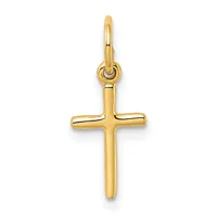 A polished yellow gold cross pendant with a rounded loop at the top for attaching to a chain.
