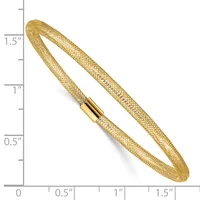 Gold-toned mesh bangle bracelet with a cylindrical magnetic clasp, shown against a ruler measuring approximately 1.5 inches in height.