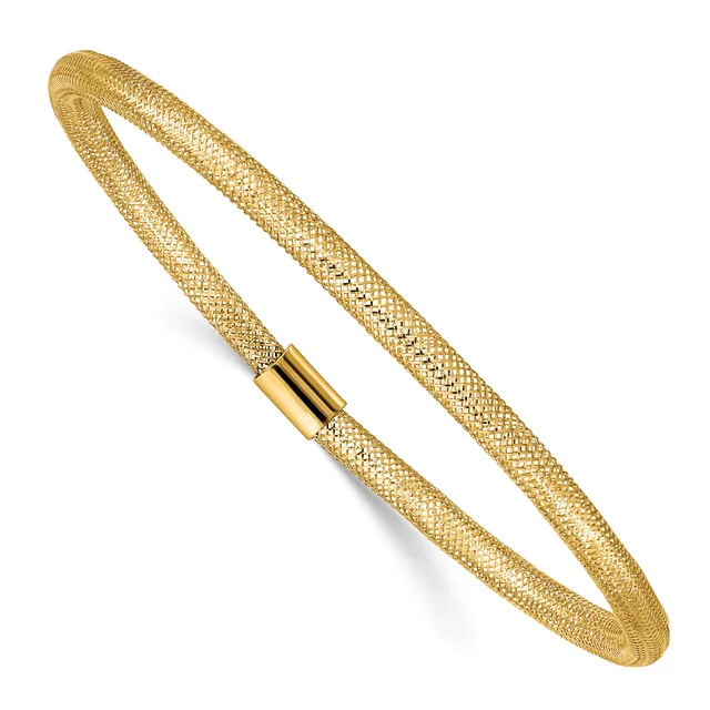 A gold mesh tubing bracelet formed into a loop with a cylindrical magnetic clasp closure.