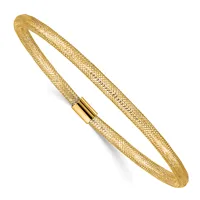 A gold mesh tubing bracelet formed into a loop with a cylindrical magnetic clasp closure.