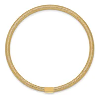 A gold mesh bracelet with a rectangular gold clasp closure, displayed as a closed circle against a white background.