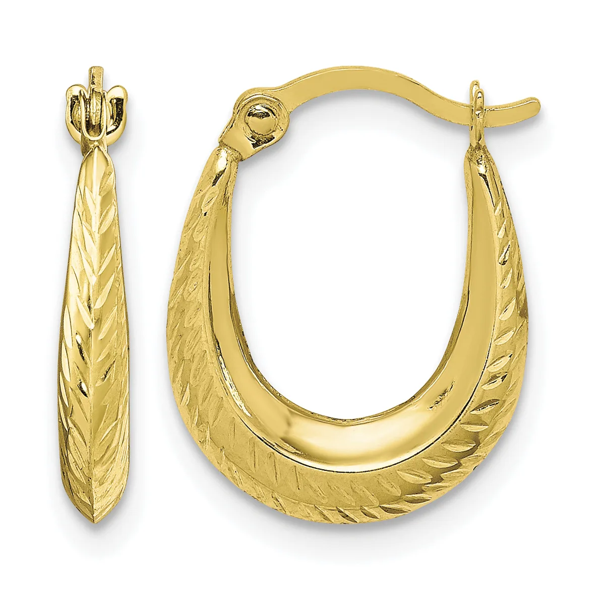 Pair of gold hoop earrings with textured surfaces and polished centers, displayed against a white background.