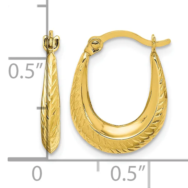 Gold-toned oval hoop earrings with textured surfaces on the outer edges, shown from front and side views with measurement scale indicating approximately 0.5 inches in length.