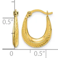 Gold-toned oval hoop earrings with textured surfaces on the outer edges, shown from front and side views with measurement scale indicating approximately 0.5 inches in length.