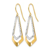 Pair of gold and silver two-tone drop earrings with textured diamond-shaped pendants hanging from curved ear wires.
