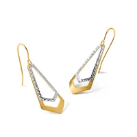 Pair of two-tone drop earrings with gold curved bar elements and silver textured inner loops, suspended from gold ear wires.