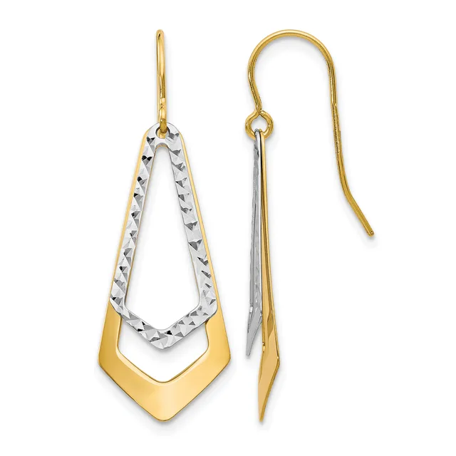 Two-tone gold and silver teardrop-shaped dangle earrings with textured inner metal and polished outer panels, shown from front and side views.