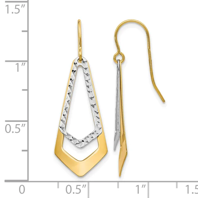 Two-tone gold and silver teardrop earrings with textured diamond-cut inner loops and smooth gold outer chevrons, shown on a measurement scale.