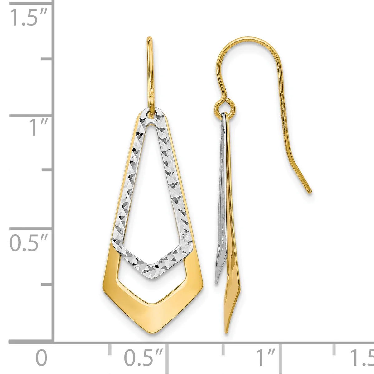 Two-tone gold and silver teardrop earrings with textured diamond-cut inner loops and smooth gold outer chevrons, shown on a measurement scale.