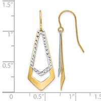 Two-tone gold and silver teardrop earrings with textured diamond-cut inner loops and smooth gold outer chevrons, shown on a measurement scale.