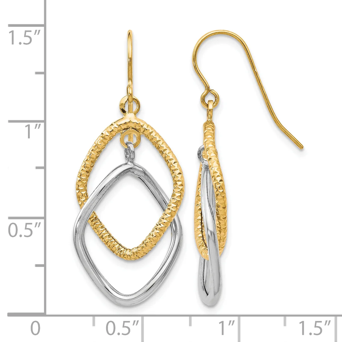 Two-tone gold and silver dangle earrings with nested diamond-shaped loops, displayed next to a measurement scale showing approximately 1.25 inches in length.