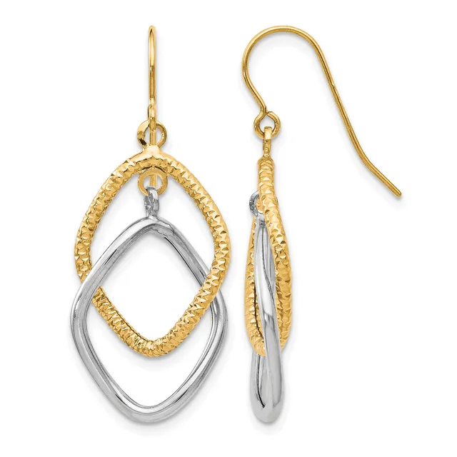 Pair of two-tone gold and silver drop earrings with textured gold ovals nested inside polished silver ovals, suspended from gold fishhook wires.