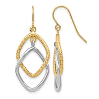 Pair of two-tone gold and silver drop earrings with textured gold ovals nested inside polished silver ovals, suspended from gold fishhook wires.