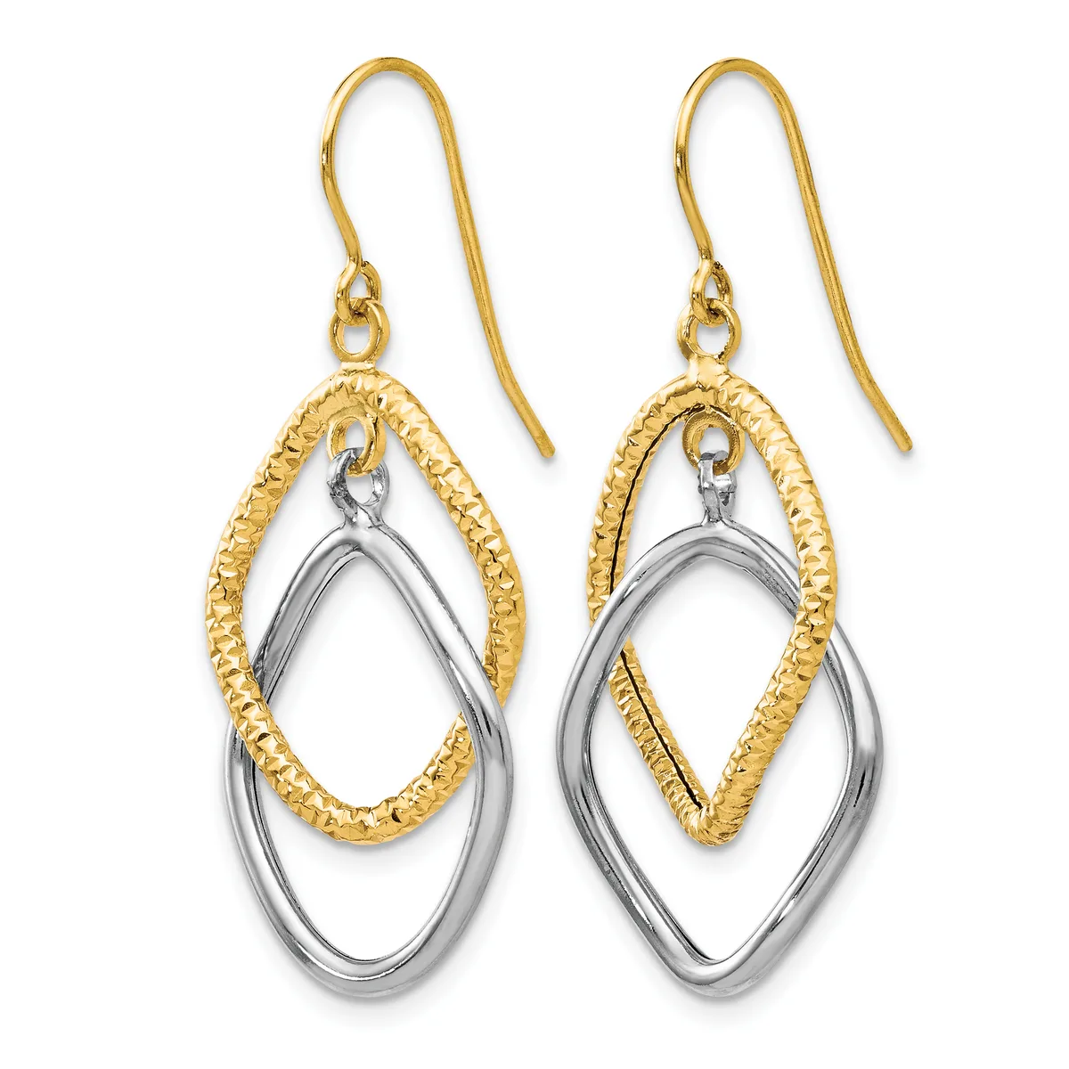 Pair of two-tone dangling earrings with gold fish hook wires, featuring nested teardrop shapes in textured gold and polished silver metal.