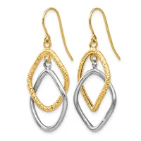 Pair of two-tone dangling earrings with gold fish hook wires, featuring nested teardrop shapes in textured gold and polished silver metal.
