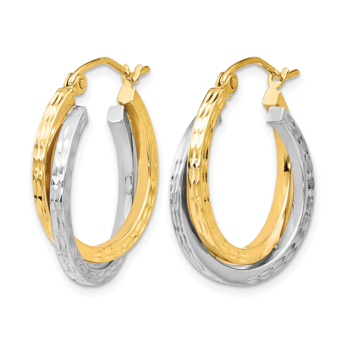 Pair of two-tone gold and silver textured hoop earrings with gold outer layer and silver inner layer, shown from front view with post and clasp closures.