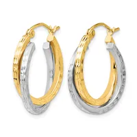 Pair of two-tone gold and silver textured hoop earrings with gold outer layer and silver inner layer, shown from front view with post and clasp closures.