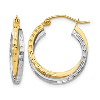 Two-tone gold and silver hoop earrings with textured surface and curved posts, shown from front and side views.