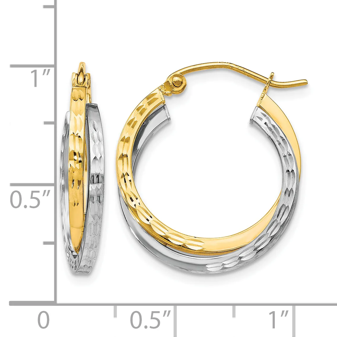Two-tone gold hoop earrings with textured and polished surfaces, shown next to a measurement scale indicating approximately one inch in diameter.