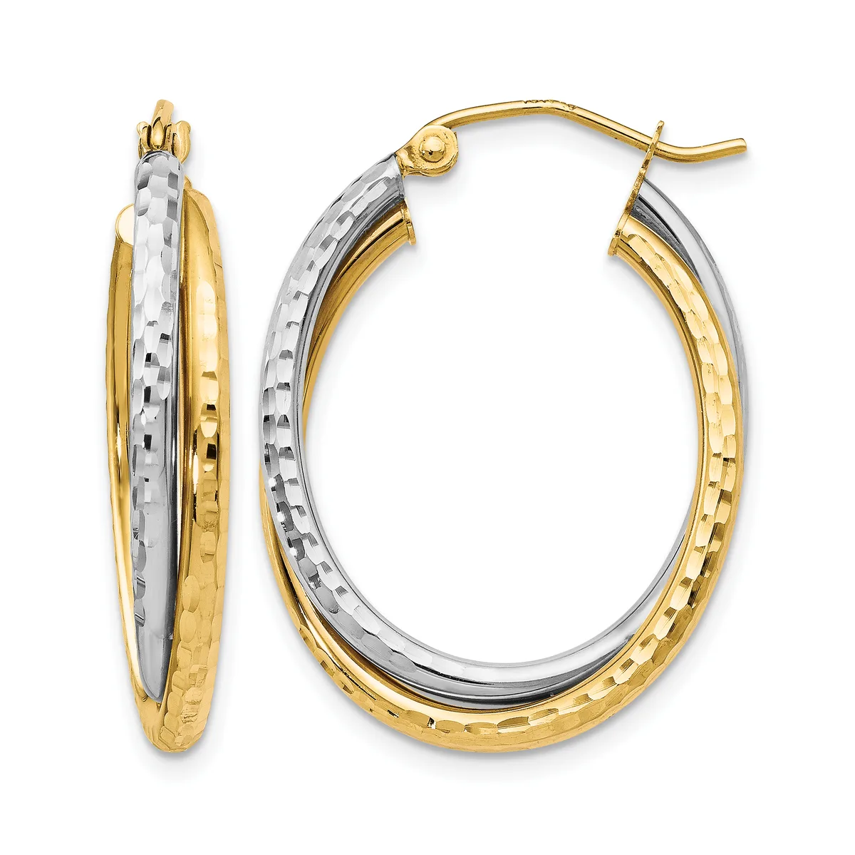 Two-tone gold hoop earrings with textured and smooth surfaces, shown from the front and side view with post and clutch closures.