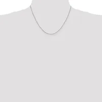 A thin silver chain necklace displayed on a mannequin torso against a white background.