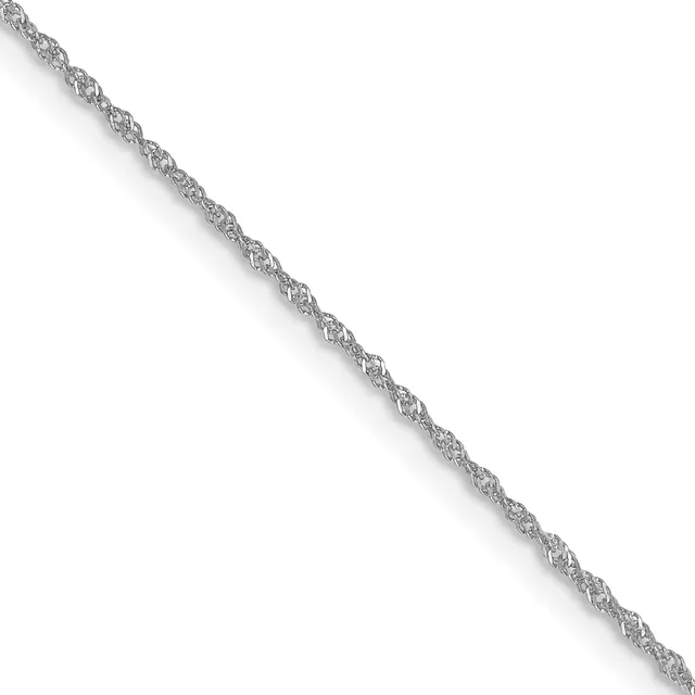 A twisted silver chain lying diagonally across a white background.