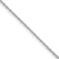 A twisted silver chain lying diagonally across a white background.