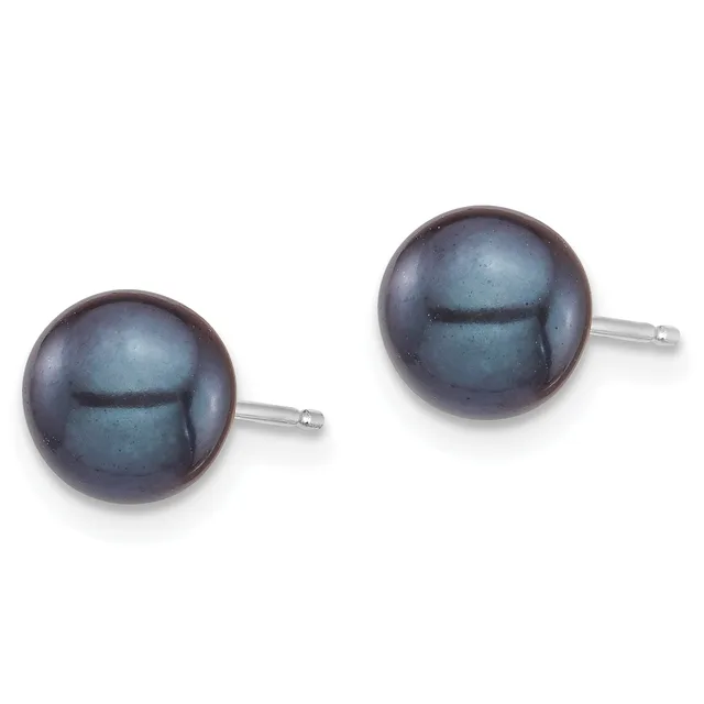 A pair of dark gray pearl stud earrings with lustrous round pearls mounted on silver posts.