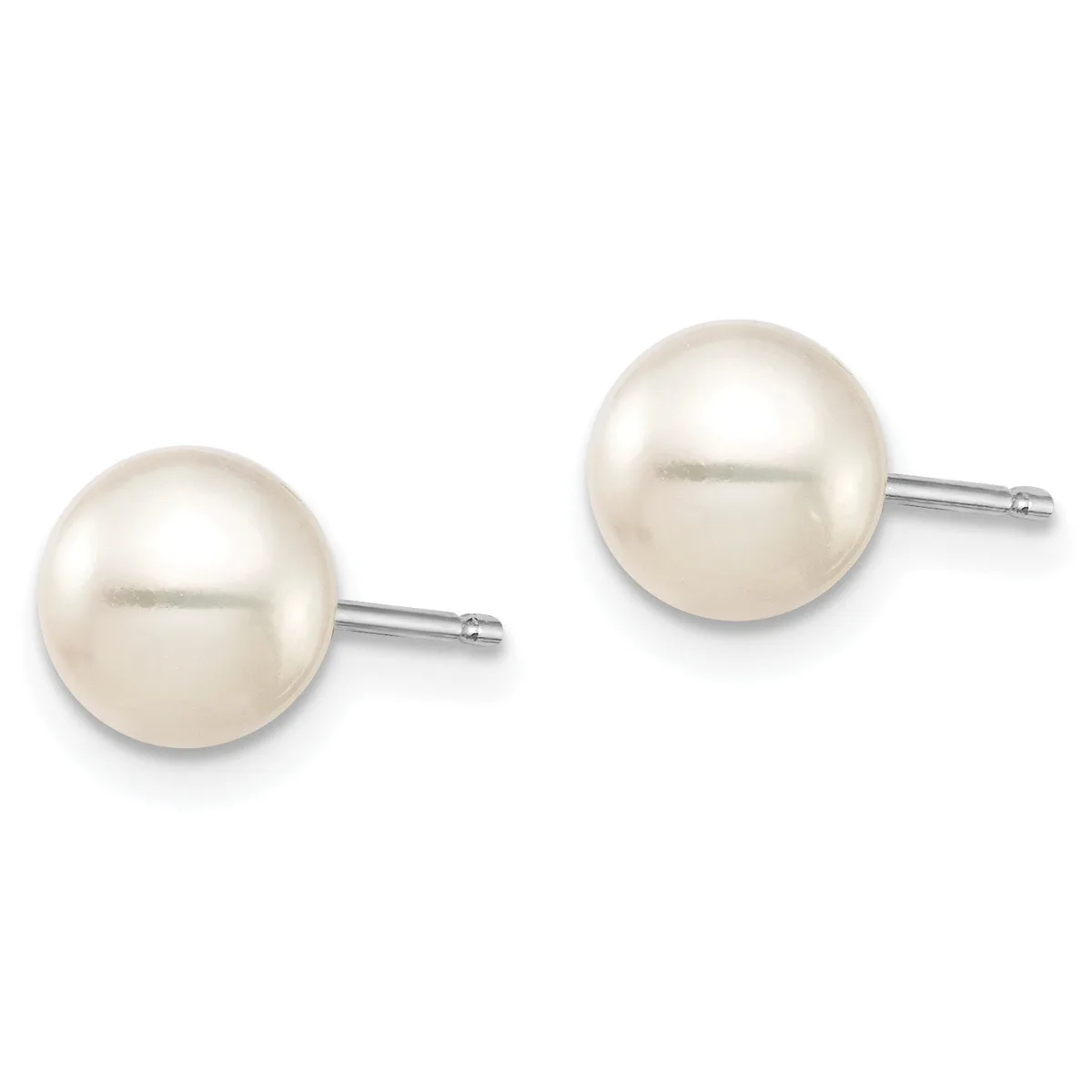 A pair of round white pearl stud earrings with silver posts and backs, displayed against a white background.