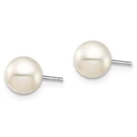 A pair of round white pearl stud earrings with silver posts and backs, displayed against a white background.
