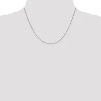 A thin silver curb chain necklace displayed on a mannequin torso against a white background.