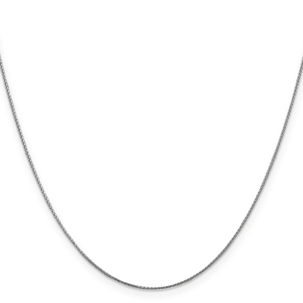 A thin silver chain necklace arranged in a U-shape against a white background.