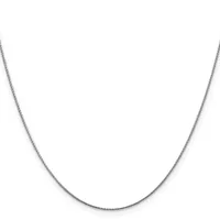 A thin silver chain necklace arranged in a U-shape against a white background.