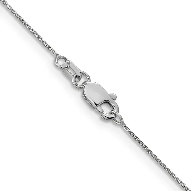 A silver chain with a lobster claw clasp fastener shown against a white background.