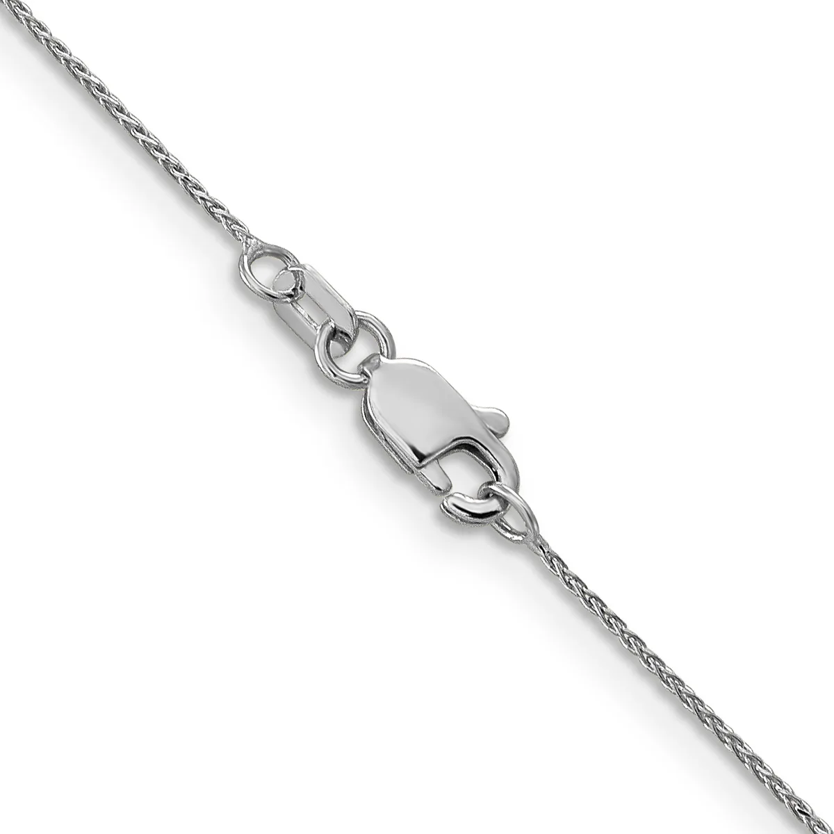 A silver chain with a lobster claw clasp fastener shown against a white background.