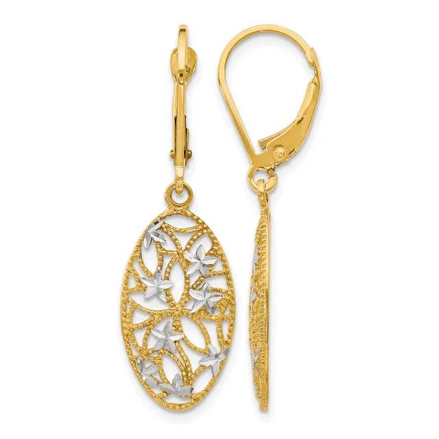 Pair of gold leverback earrings with oval filigree pendants featuring an openwork leaf pattern in two-tone gold.