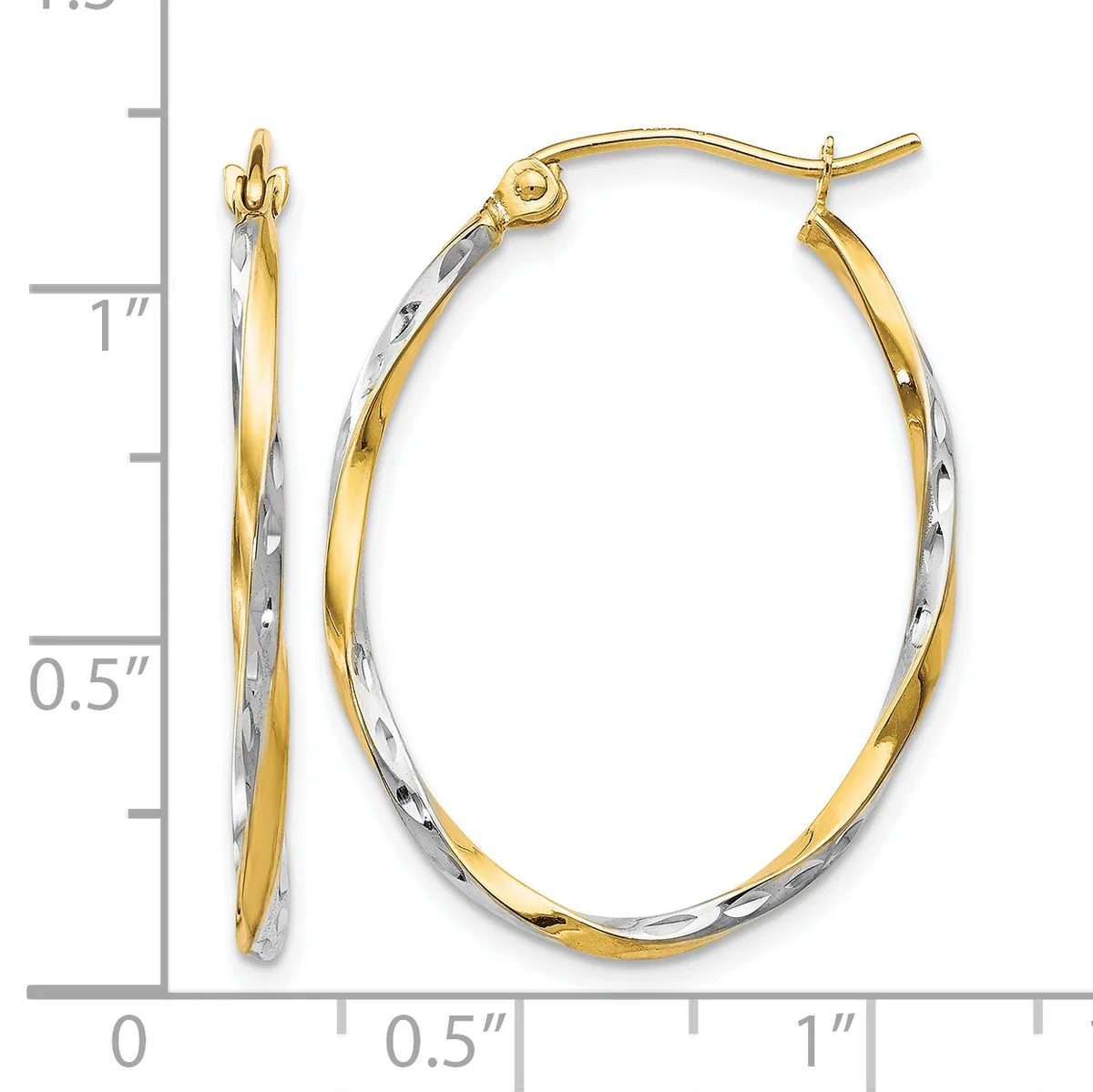 Two-tone gold oval hoop earrings with a textured white gold outer surface and smooth yellow gold inner surface, shown next to a measurement scale.