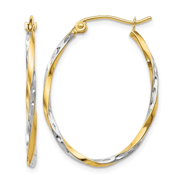 A pair of two-tone gold hoop earrings with twisted and textured surfaces, shown from front and side views.