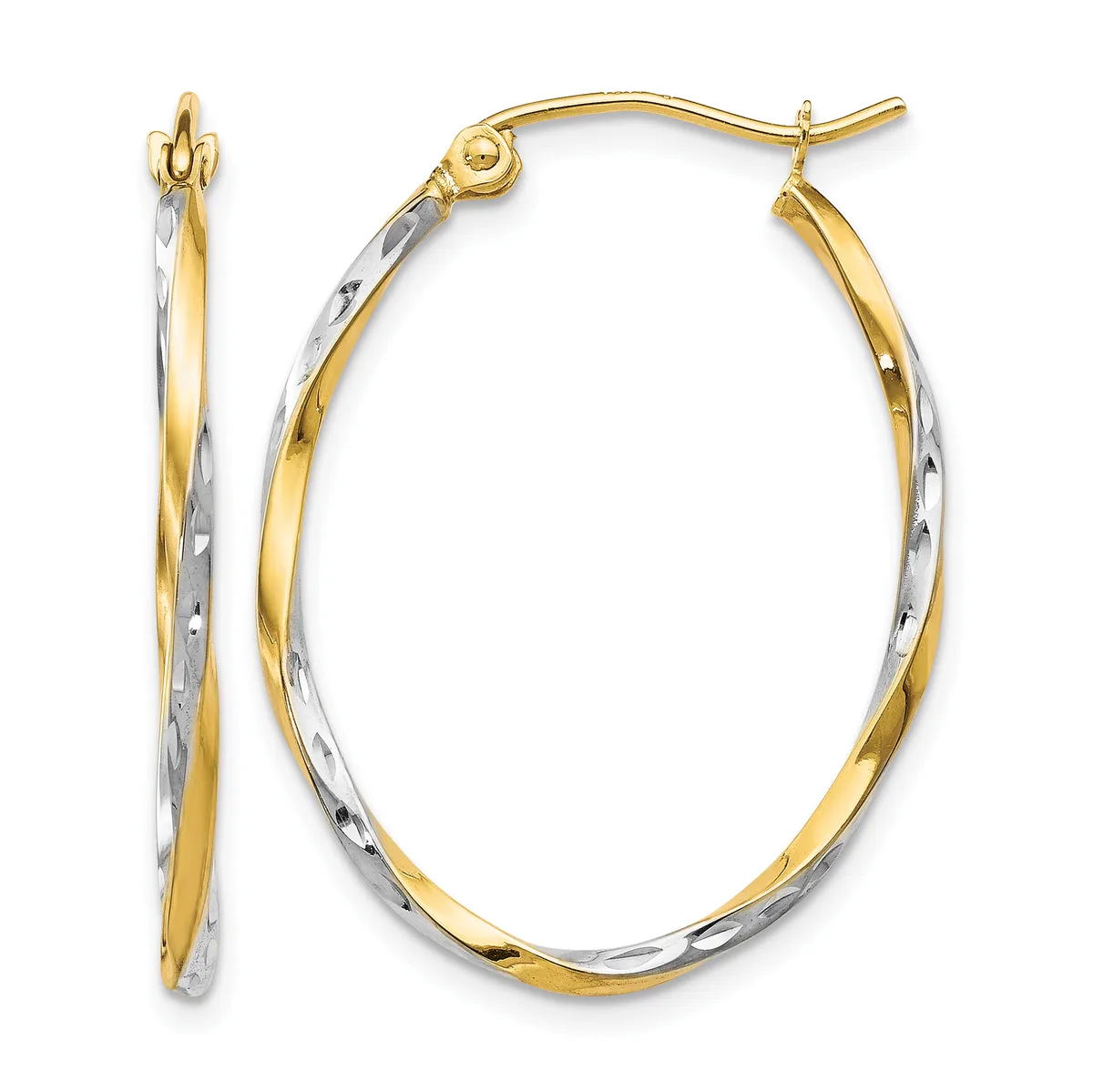 A pair of two-tone gold hoop earrings with twisted and textured surfaces, shown from front and side views.