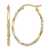 A pair of two-tone gold hoop earrings with twisted and textured surfaces, shown from front and side views.