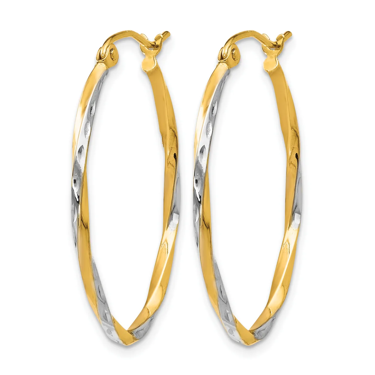 A pair of two-tone gold hoop earrings with twisted diamond-cut surfaces and post-and-clutch closures.
