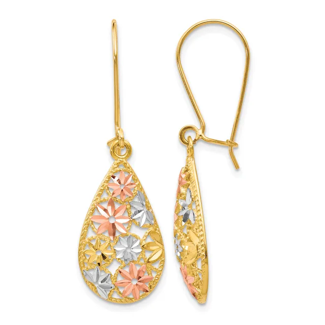 Pair of tricolor gold teardrop earrings with filigree flower cutout design and shepherd's hook posts, shown front and side view.
