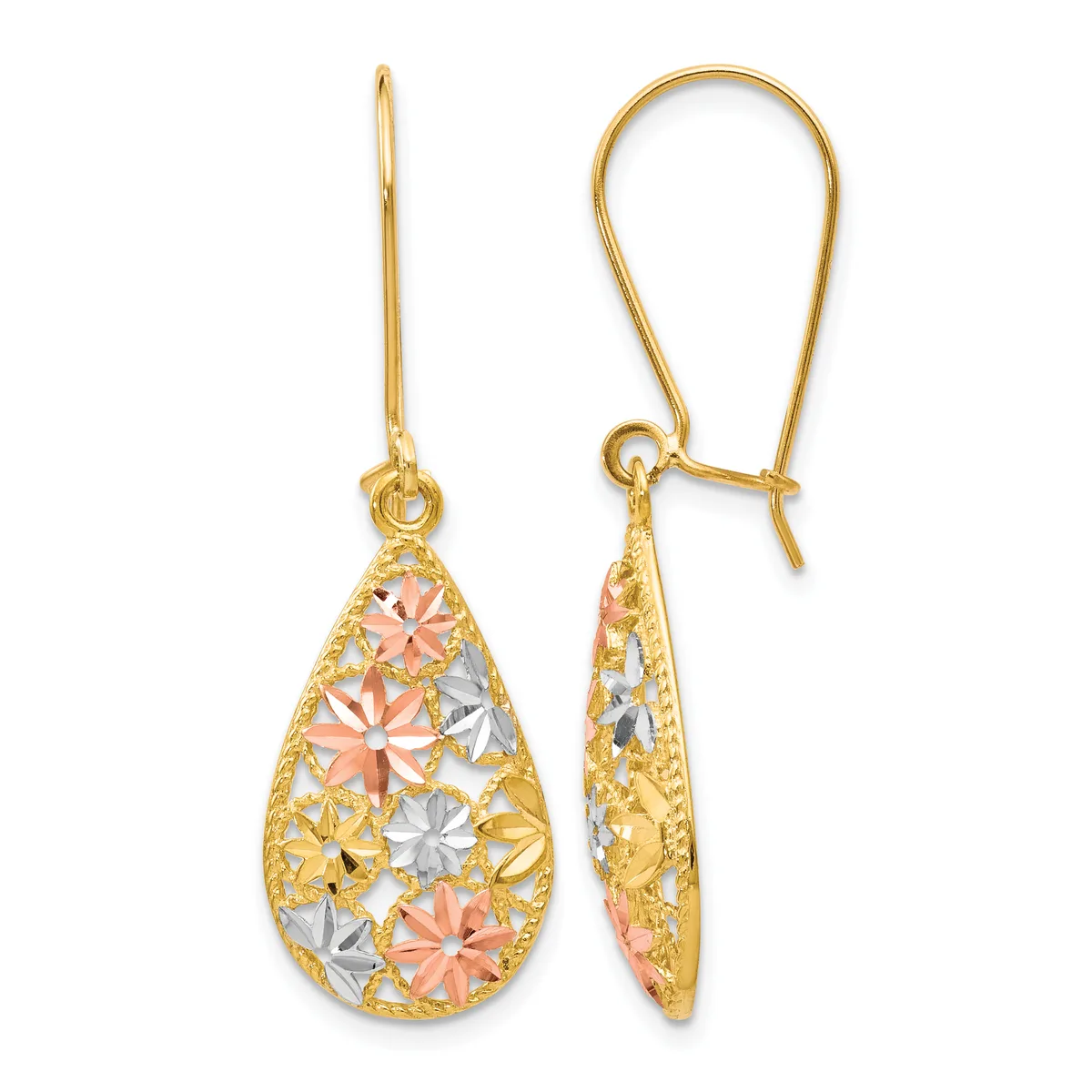 Pair of tricolor gold teardrop earrings with filigree flower cutout design and shepherd's hook posts, shown front and side view.