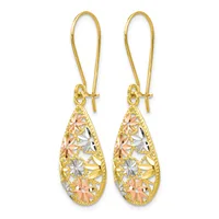 Pair of gold teardrop earrings with tricolor filigree design and hook-style ear wires.