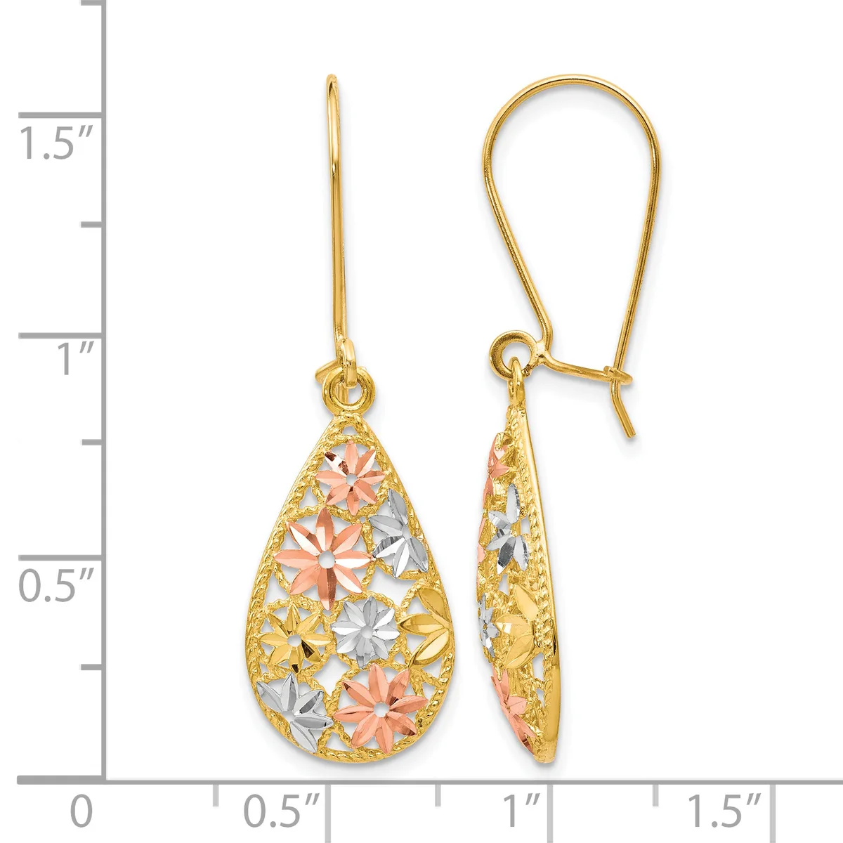 Pair of gold teardrop earrings with tri-color filigree design and hook closures, shown next to a measurement ruler.