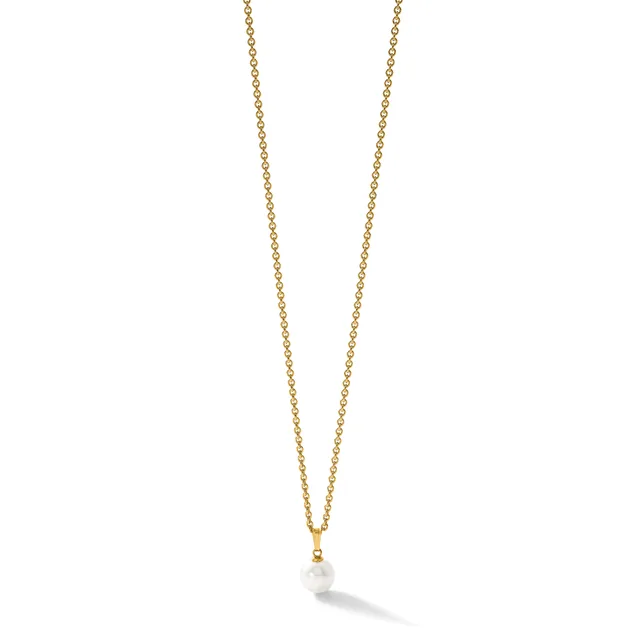Gold chain necklace with a small white pearl pendant hanging from a gold bail.