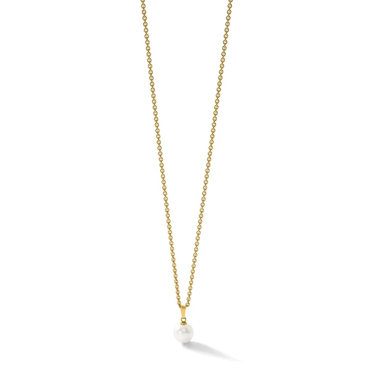 Gold chain necklace with a small white pearl pendant hanging from a gold bail.