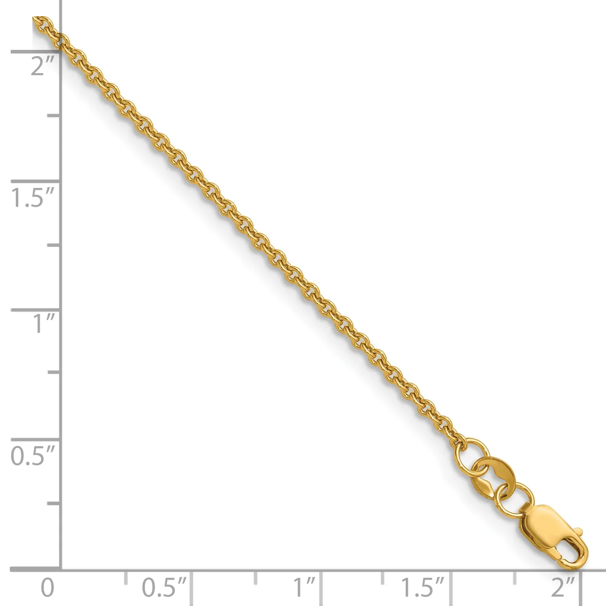 A gold-toned chain necklace with a lobster claw clasp, displayed against a ruler showing approximately 2 inches in length.